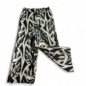 Black White Leaf Print Linen Blend Wide Leg Cropped Pants Elastic Waist